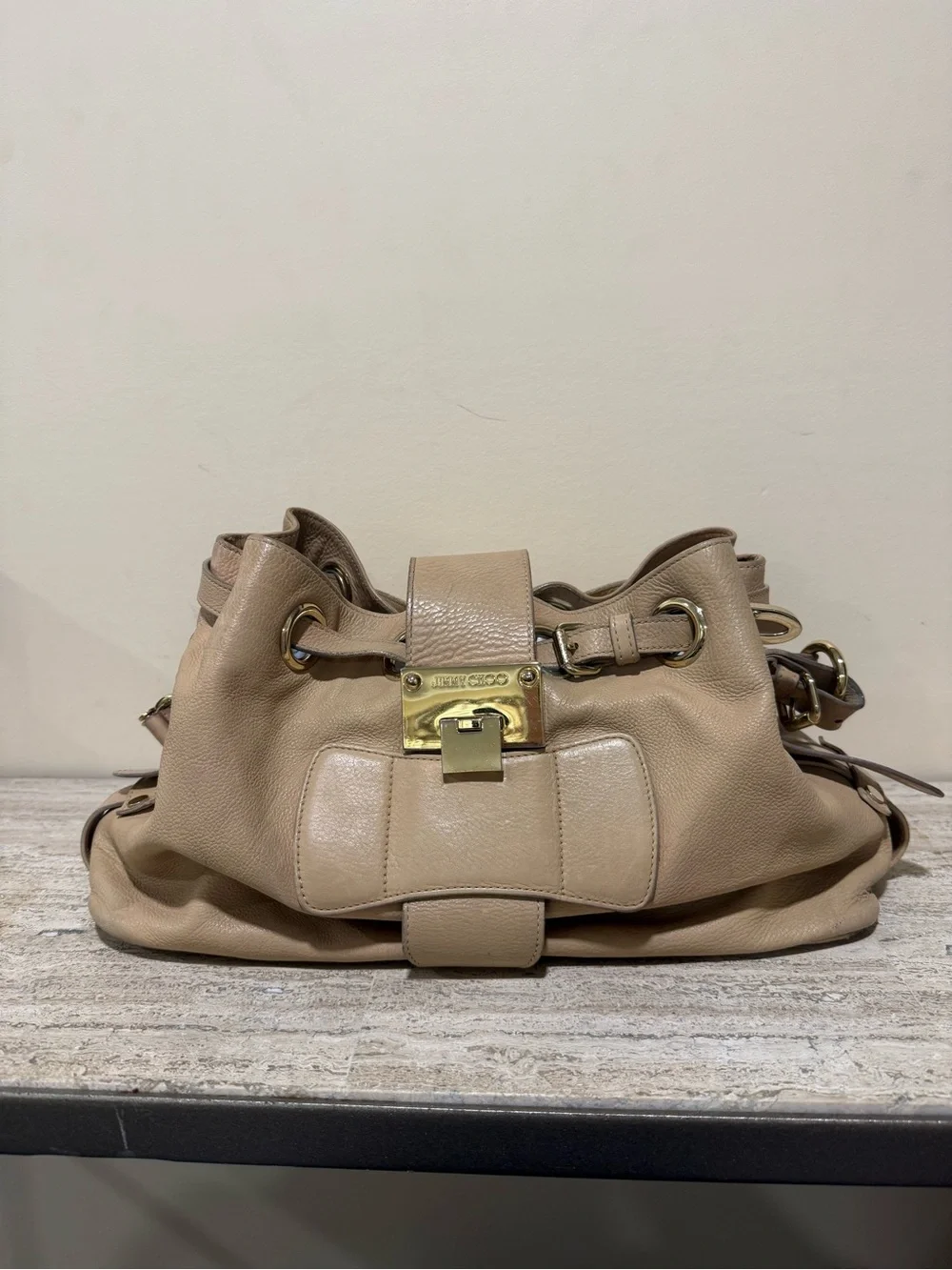 Jimmy Choo Beige Ramona Leather Shoulder Bag with Gold Hardware